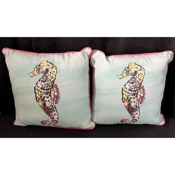 Allen + Roth Porch Pool Deck Seahorse Pair Throw Pillows Aqua 16" x 16" - Picture 1 of 5